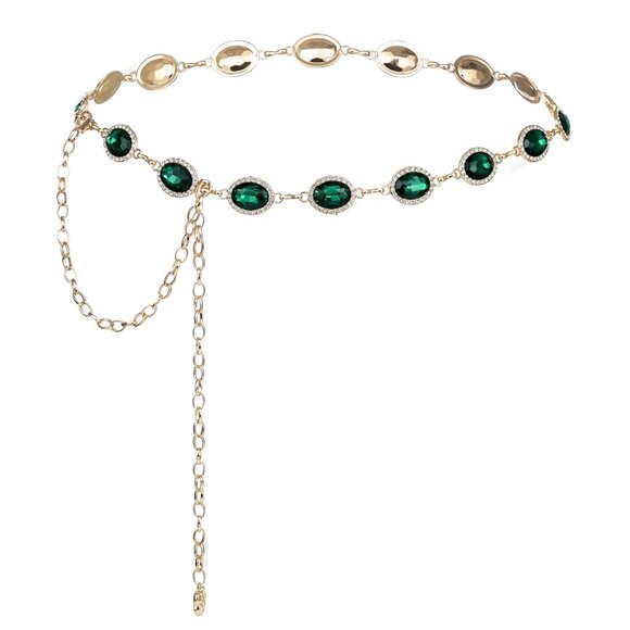 Vintage Western Style Wrap Belt with Green Glass Diamond Chain Metal Accent